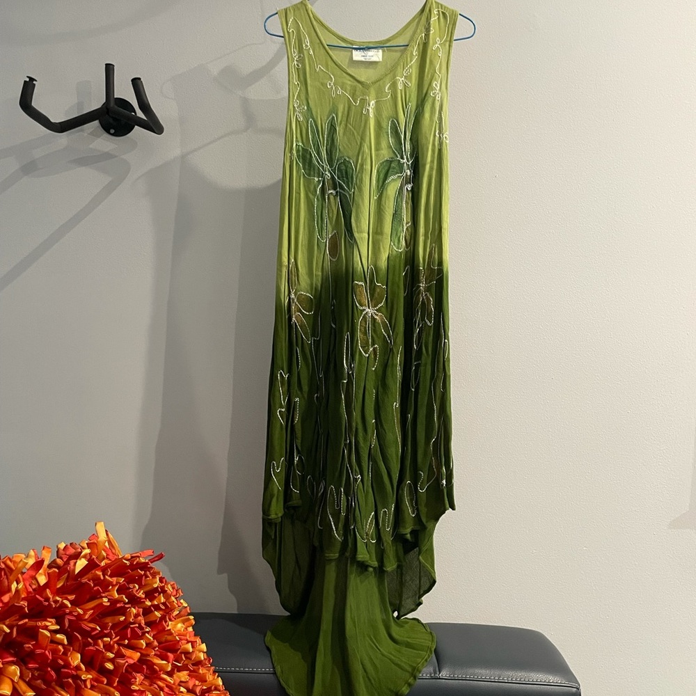 Green Flowy Long Back Dress w/ Embroidered Flowers